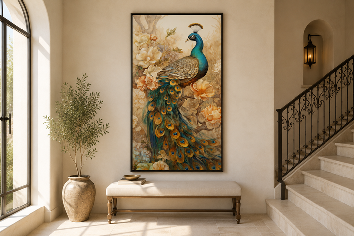 Vertical canvas print of a majestic peacock with gold accents, displayed in a neutral hallway.