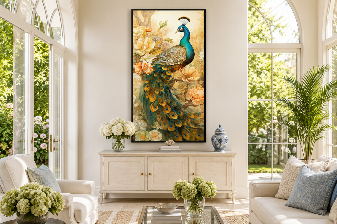 Vertical canvas wall art of a majestic peacock with gold accents in an elegant living room.