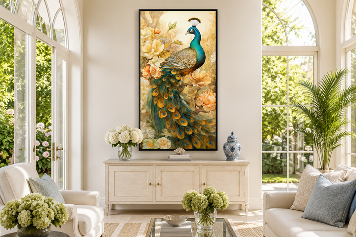 Vertical canvas wall art of a majestic peacock with gold accents in an elegant living room.