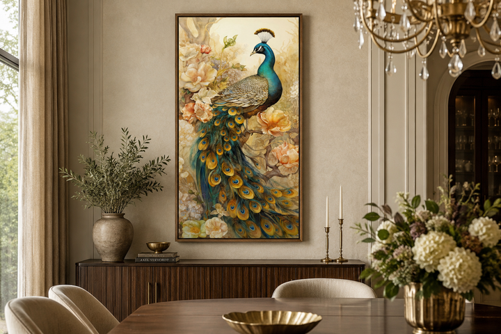 Vertical canvas print of a majestic peacock with gold accents, displayed in an elegant dining room.