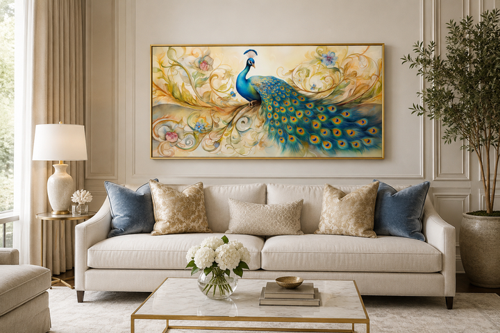 Gold Green Peacock Framed Canvas Wall Art hanging above a white sofa in a living room.