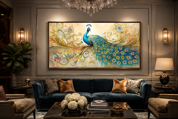 Gold and green peacock framed canvas wall art hanging above a blue velvet sofa in a living room.