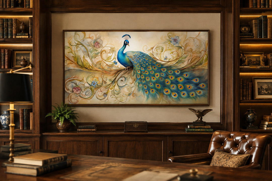 Gold green peacock framed canvas wall art displayed in a classic wood-paneled study.