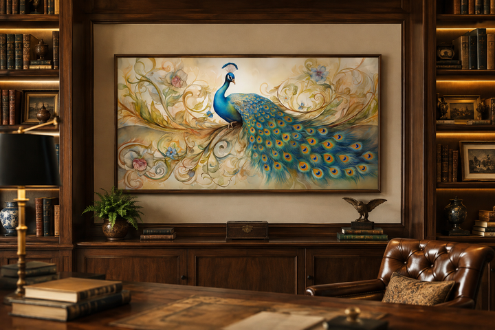 Gold green peacock framed canvas wall art displayed in a classic wood-paneled study.