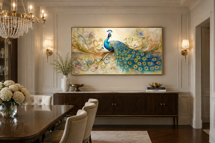 Gold Green Peacock Framed Canvas Wall Art hanging above a dark wood sideboard in a dining room.