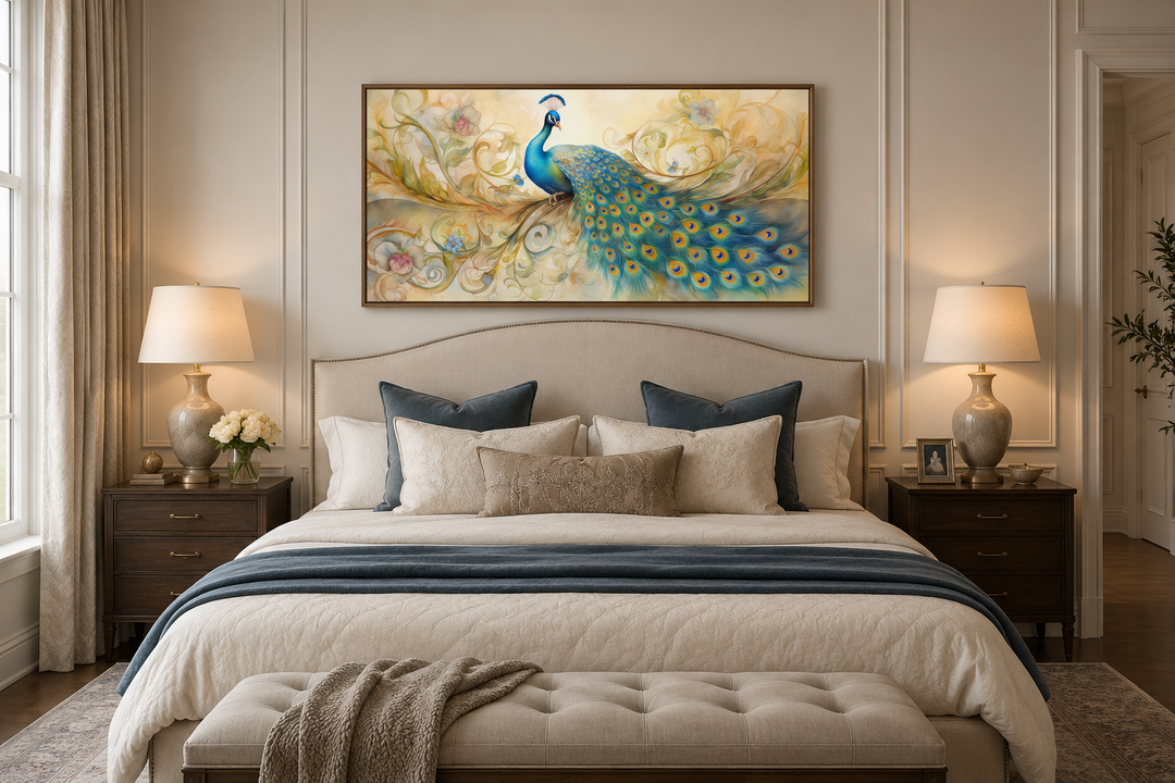 Gold and green peacock framed canvas wall art hanging above a bed in a neutral bedroom.