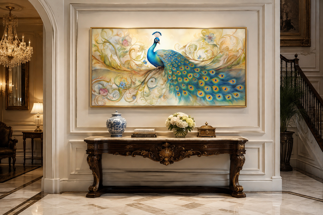 Gold Green Peacock Framed Canvas Wall Art above a console table in a classic interior.