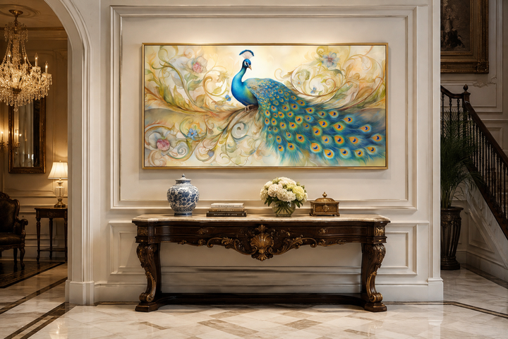 Gold Green Peacock Framed Canvas Wall Art above a console table in a classic interior.
