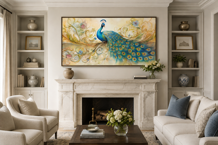 Gold Green Peacock Framed Canvas Wall Art hanging above a marble fireplace in a living room.