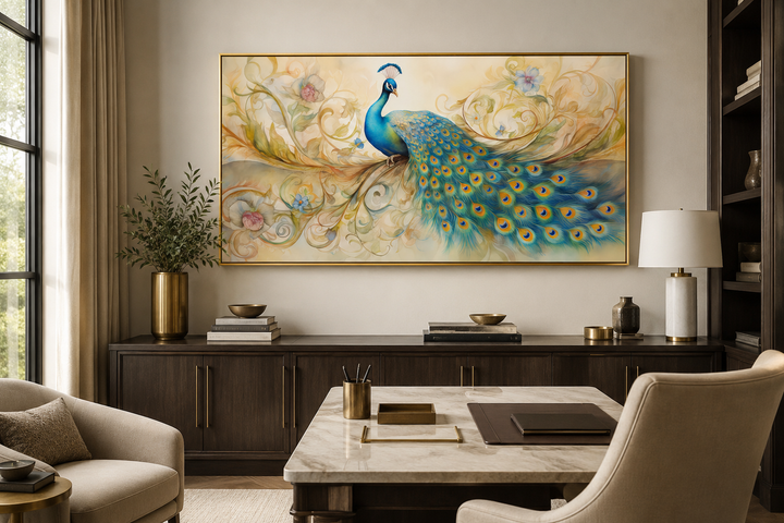 Gold Green Peacock Framed Canvas Wall Art hanging above a dark wood sideboard in a modern office.