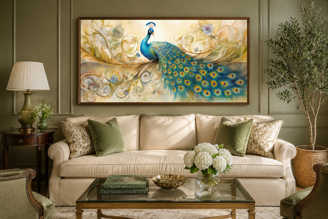 Gold Green Peacock Framed Canvas Wall Art hanging above a cream sofa in a green living room.