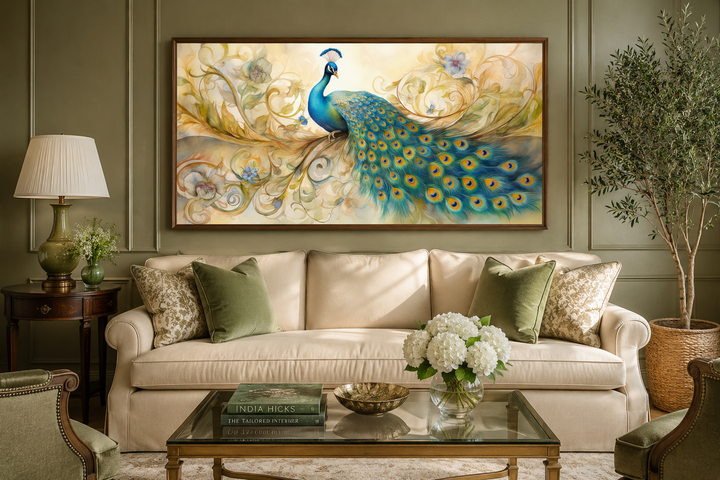 Gold Green Peacock Framed Canvas Wall Art hanging above a cream sofa in a green living room.