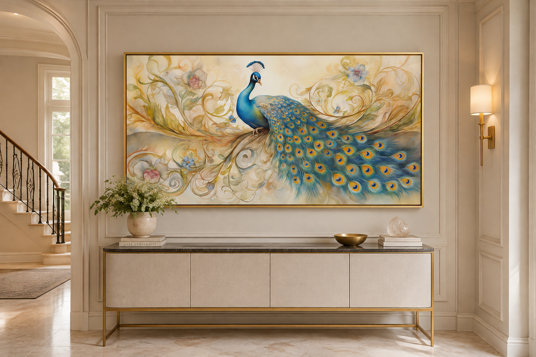 Gold framed canvas wall art featuring a vibrant blue and gold peacock with swirling floral patterns.