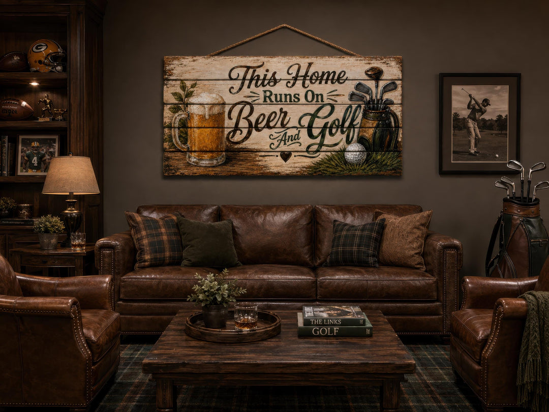 Rustic wood sign reading "This Home Runs On Beer And Golf" above a brown leather sofa in a man cave.