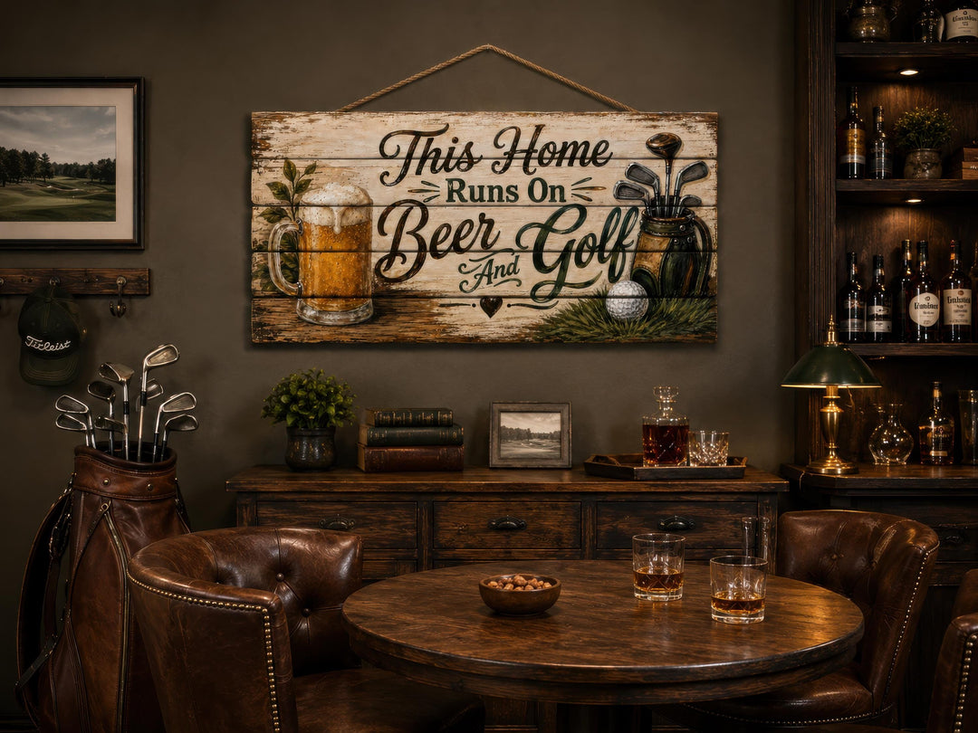 Rustic wood sign with 'This Home Runs On Beer And Golf' text, beer mug, and golf club illustrations.