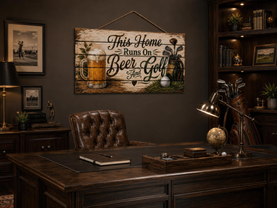 Rustic wood sign reading "This Home Runs On Beer And Golf" hanging in a dark, wood-paneled office.