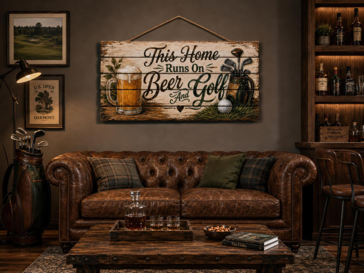 Rustic wood sign reading "This Home Runs On Beer And Golf" hanging above a leather sofa.