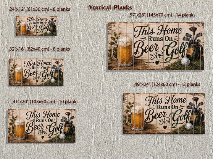 Beer and Golf rustic wood wall art in five sizes with vertical planks and distressed finish.