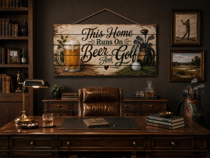 Rustic wood sign reading "This Home Runs On Beer And Golf" in a home office with golf decor.
