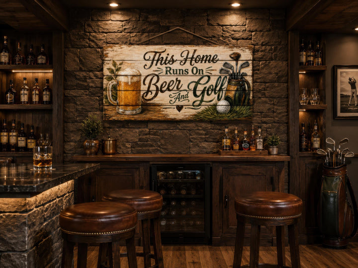 Rustic wood sign reading "This Home Runs On Beer And Golf" in a man cave bar setting.