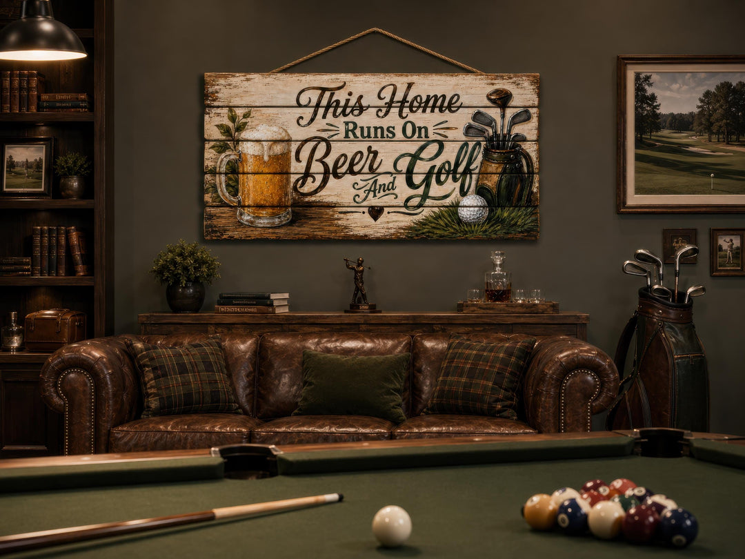 Rustic wood sign with 'This Home Runs On Beer And Golf' text, beer mug, and golf club illustrations.