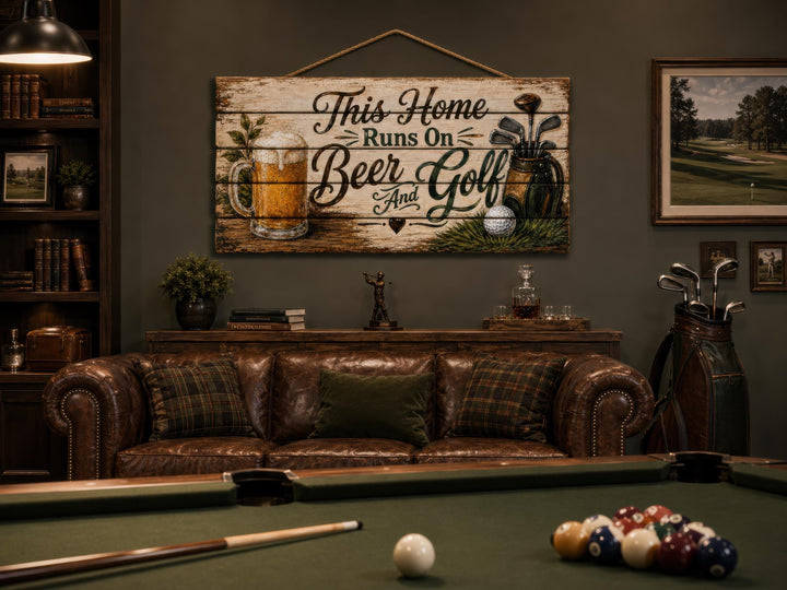 Rustic wood sign with 'This Home Runs On Beer And Golf' text, beer mug, and golf club illustrations.