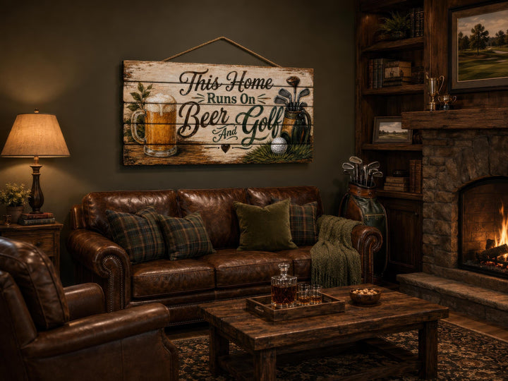Rustic wood sign reading 'This Home Runs On Beer And Golf' hung in a cozy, traditional man cave.