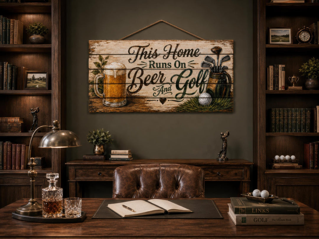 Rustic wood sign reading "This Home Runs On Beer And Golf" hanging in a dark wood-paneled office.