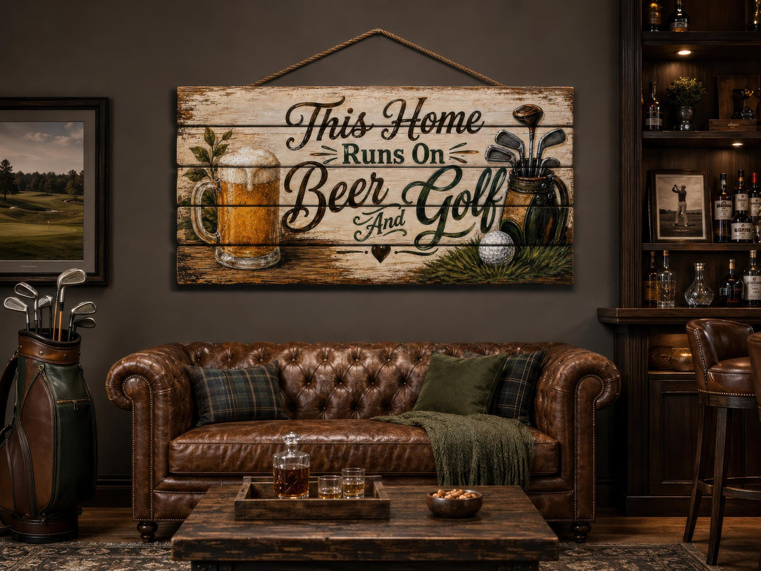 Rustic wood sign reading 'This Home Runs On Beer And Golf' above a leather sofa in a man cave.