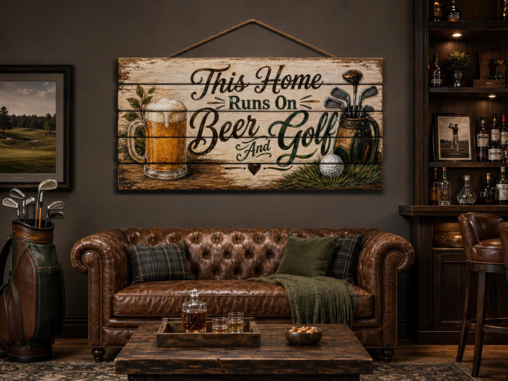 Rustic wood sign reading 'This Home Runs On Beer And Golf' above a leather sofa in a man cave.