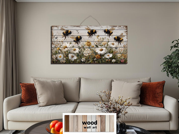 Bees and Daisies Distressed Wood Wall Art