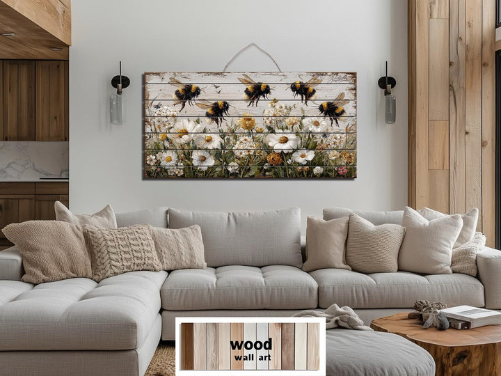 Bees and Daisies Distressed Wood Wall Art