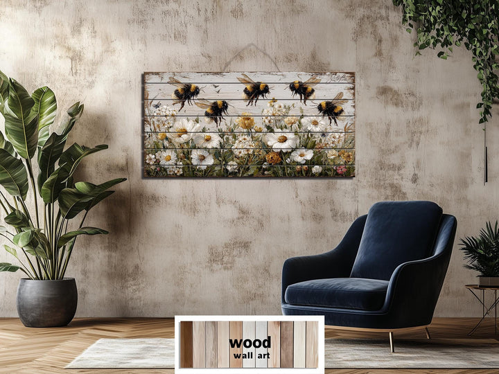Bees and Daisies Distressed Wood Wall Art