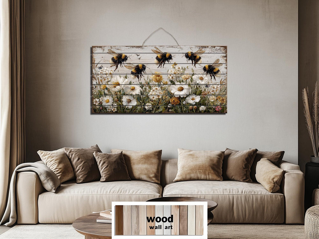Bees and Daisies Distressed Wood Wall Art