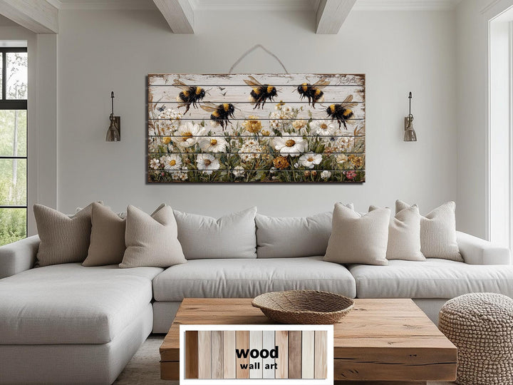 Bees and Daisies Distressed Wood Wall Art
