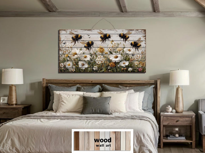 Bees and Daisies Distressed Wood Wall Art
