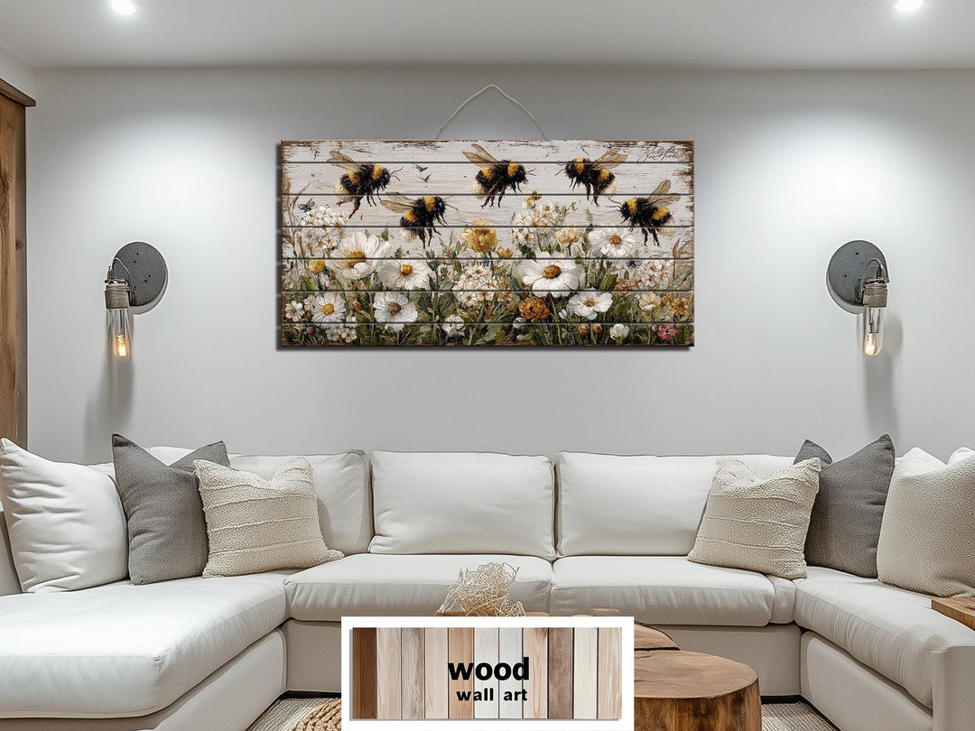 Bees and Daisies Distressed Wood Wall Art
