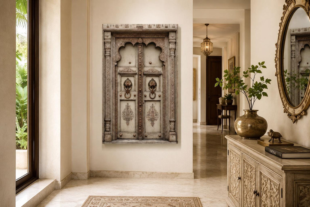 Beige Gold Indian Door Canvas Wall Art featuring ornate carvings and brass handles in a hallway.