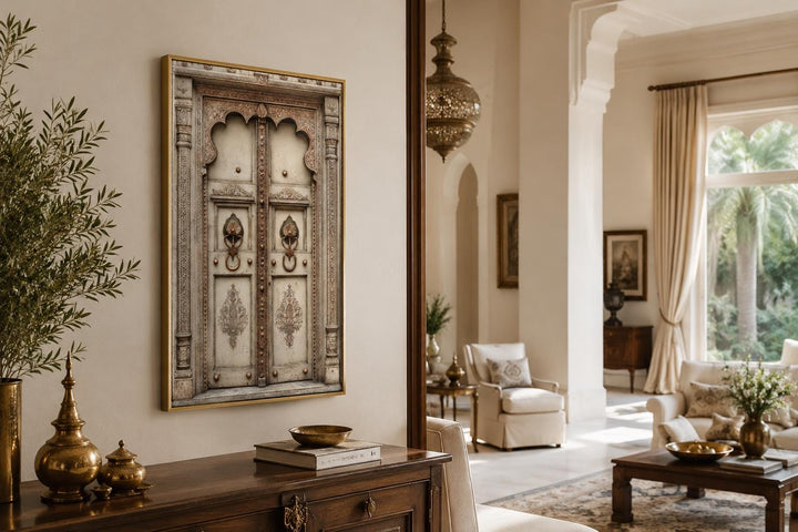 Beige Gold Indian Door Canvas Wall Art featuring ornate Rajasthani carvings in a gold frame.
