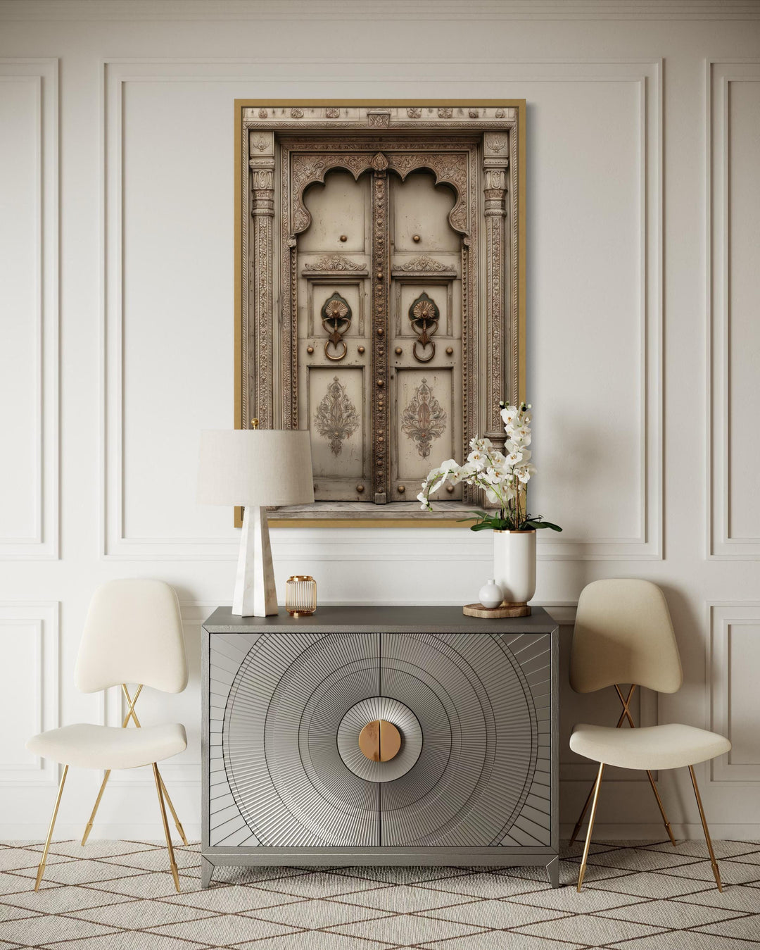 Beige Gold Indian Door Canvas Wall Art above a grey sideboard with two cream chairs.