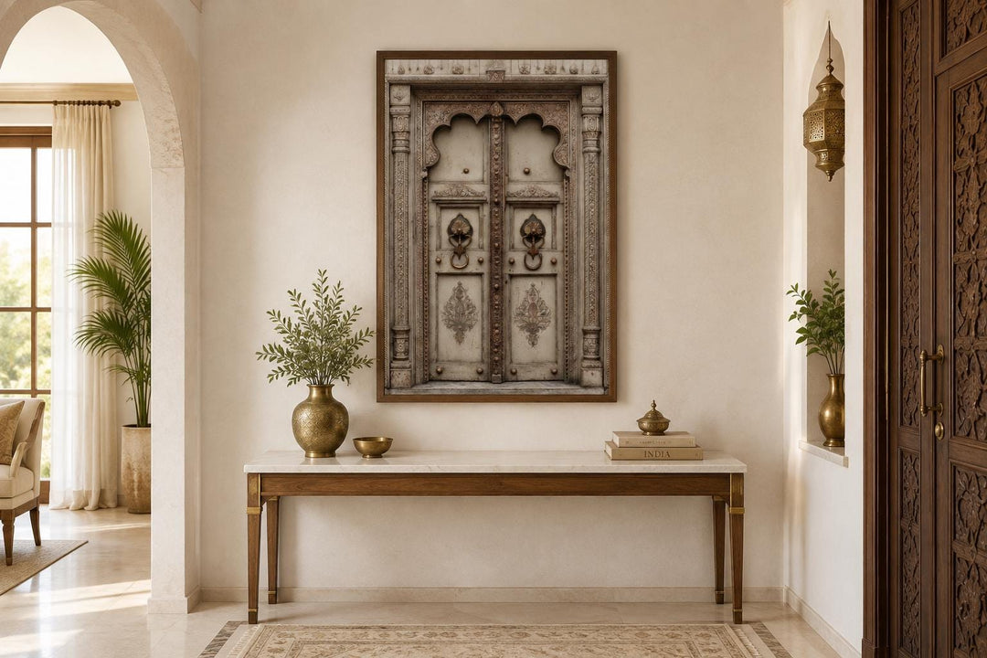 Beige Gold Indian Door Canvas Wall Art featuring ornate carvings and brass handles in a room.