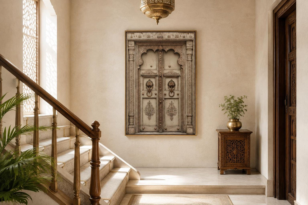Beige Gold Indian Door Canvas Wall Art featuring ornate Rajasthani carvings and brass handles.