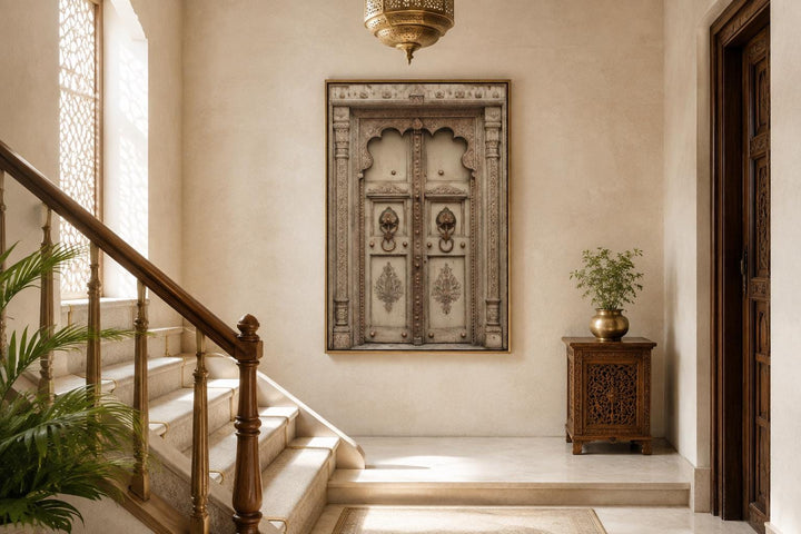 Beige Gold Indian Door Canvas Wall Art featuring ornate Rajasthani carvings and brass handles.
