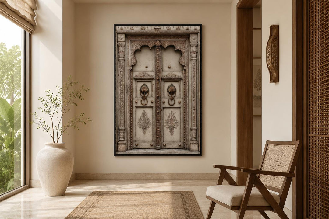 Beige Gold Indian Door Canvas Wall Art featuring an ornate carved double door in a neutral room.