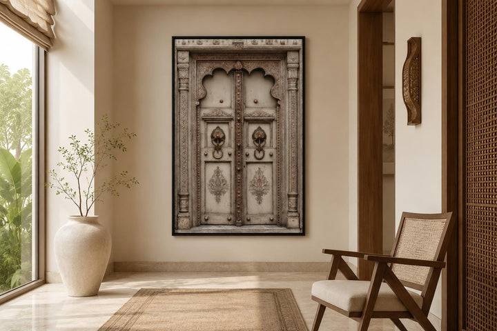 Beige Gold Indian Door Canvas Wall Art featuring an ornate carved double door in a neutral room.