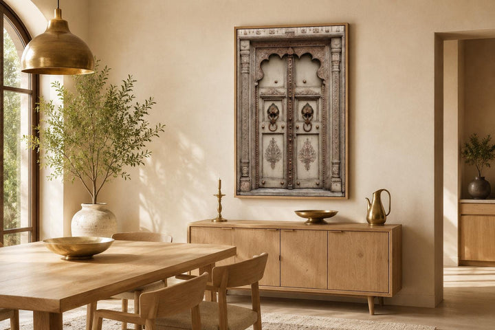Beige Gold Indian Door canvas wall art featuring ornate carvings and brass handles in a dining room.