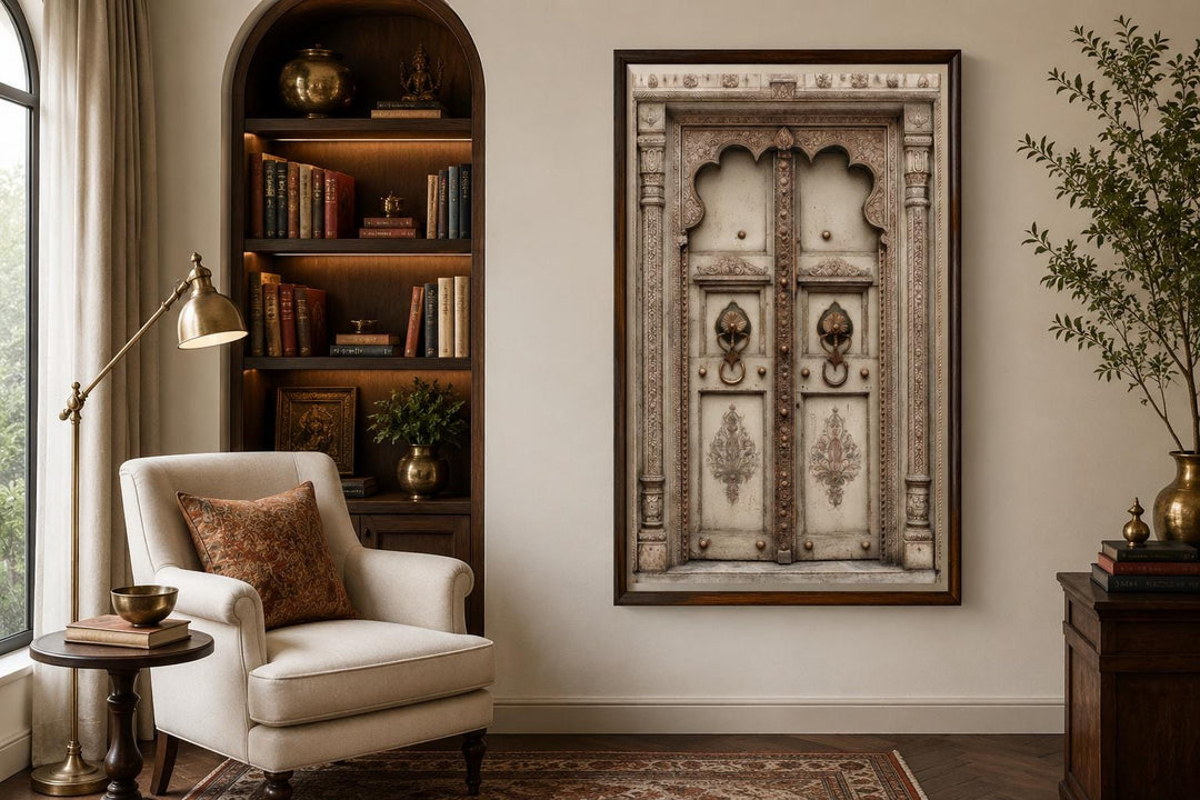 Beige Gold Indian Door canvas wall art featuring ornate carvings and brass handles in a cozy room.