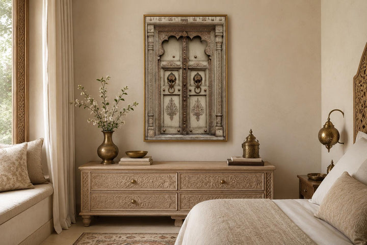 Beige Gold Indian Door canvas wall art featuring ornate carvings and brass handles in a bedroom.