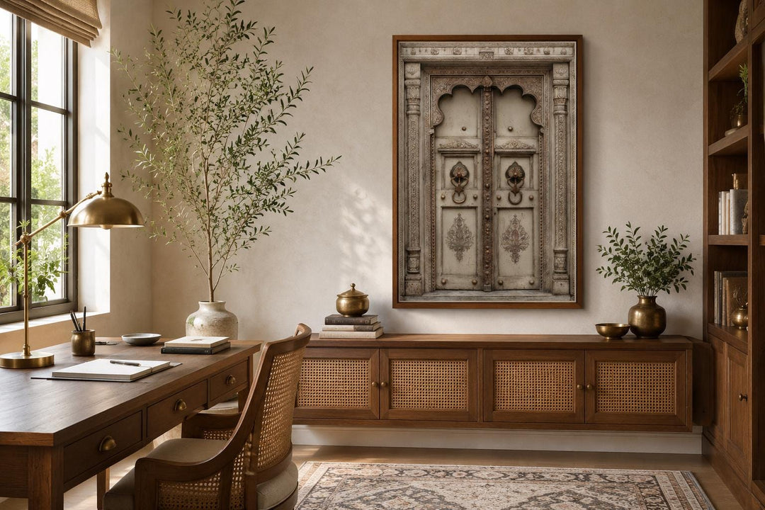 Beige Gold Indian Door Canvas Wall Art featuring ornate carvings and brass handles in a home office.