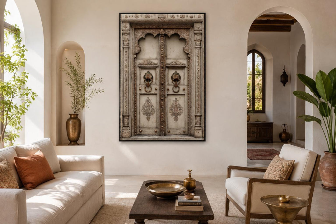 Beige Gold Indian Door canvas wall art featuring ornate carvings and brass handles in a living room.
